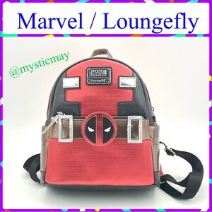 New LOUNGEFLY Marvel Deadpool Mask Red Metallic Faux Leather Mini Backpack Purse